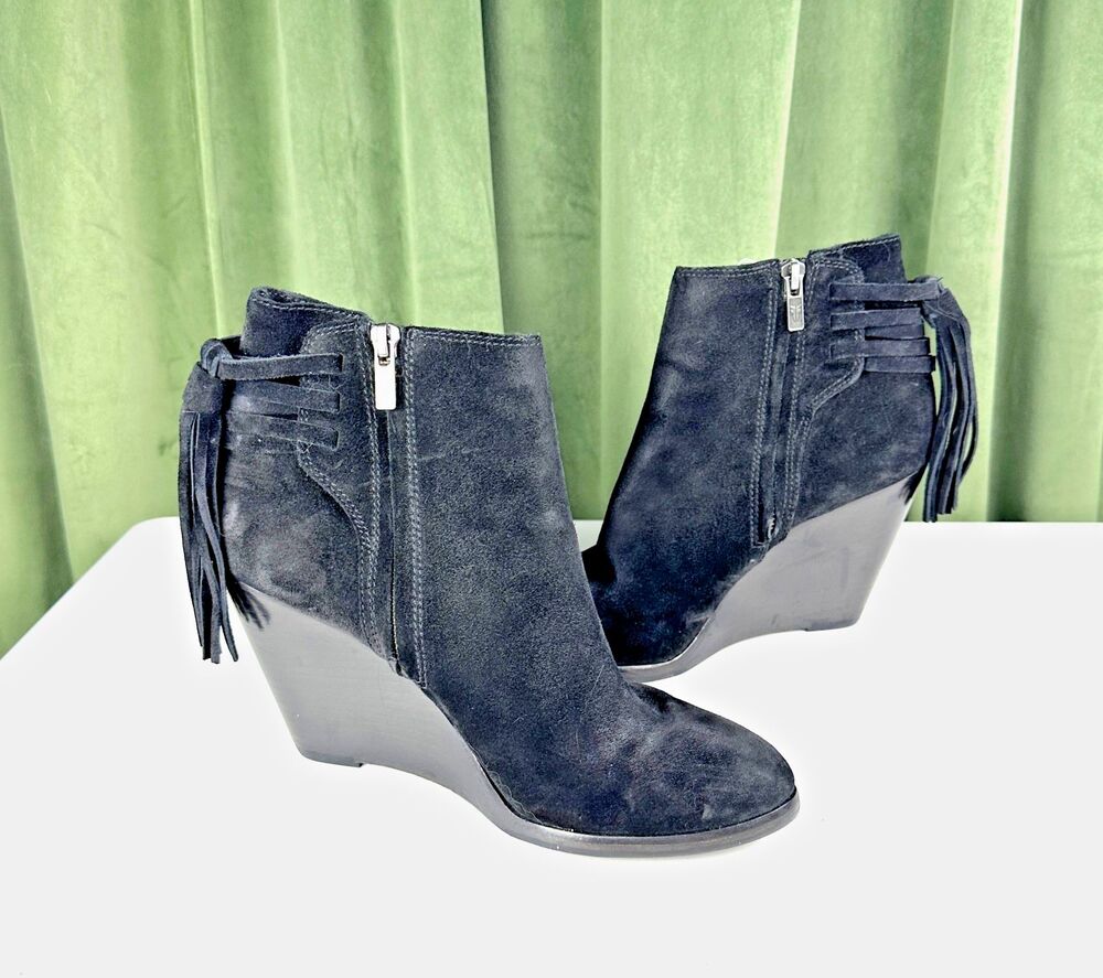 FRYE Black Cece Suede Tassel Size Zip Wedge Booties Women's Size 8.5M